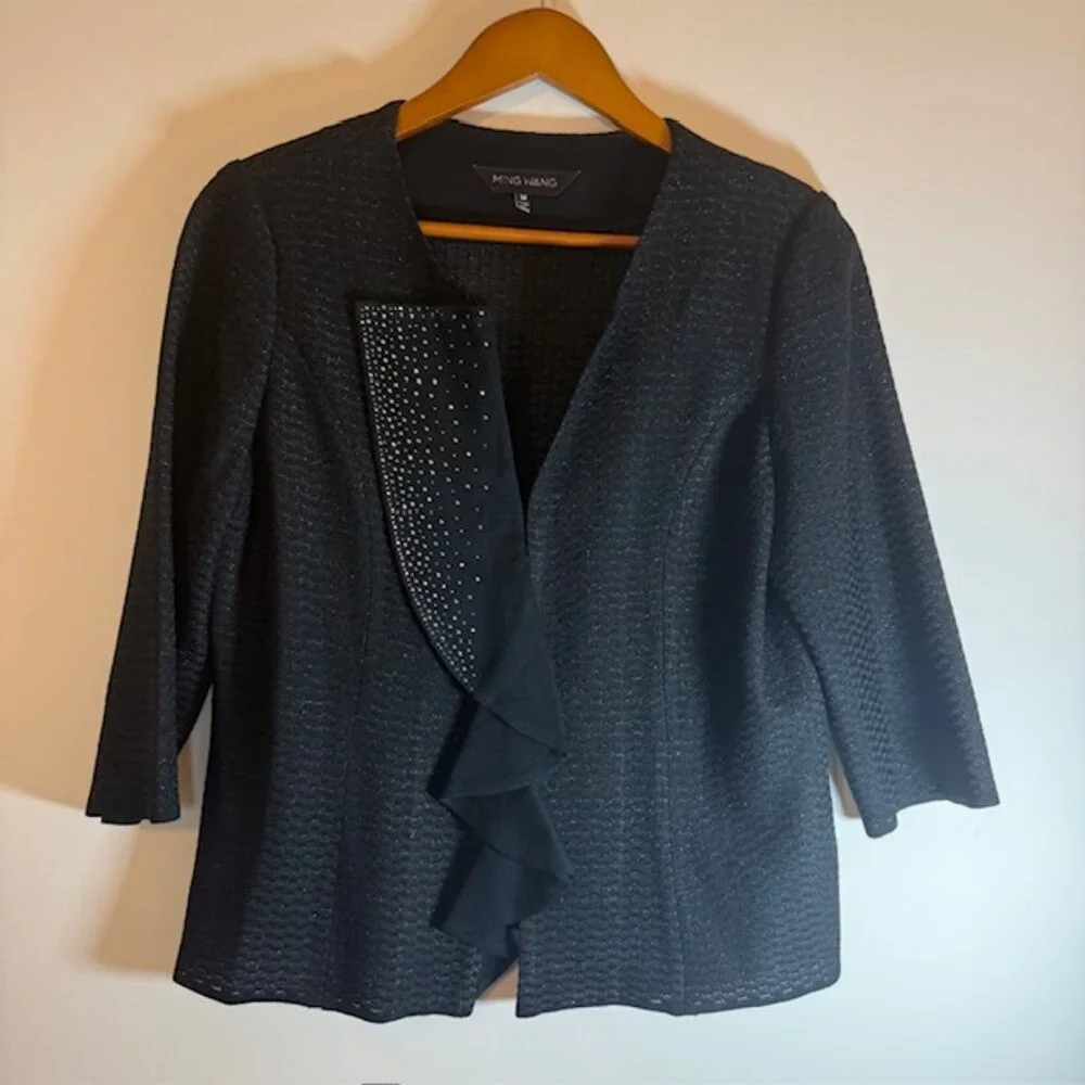 Ming Wang Blazer Jacket Women’s M Black Sparkle Hook Loop Stretch 3/4 Sleeve